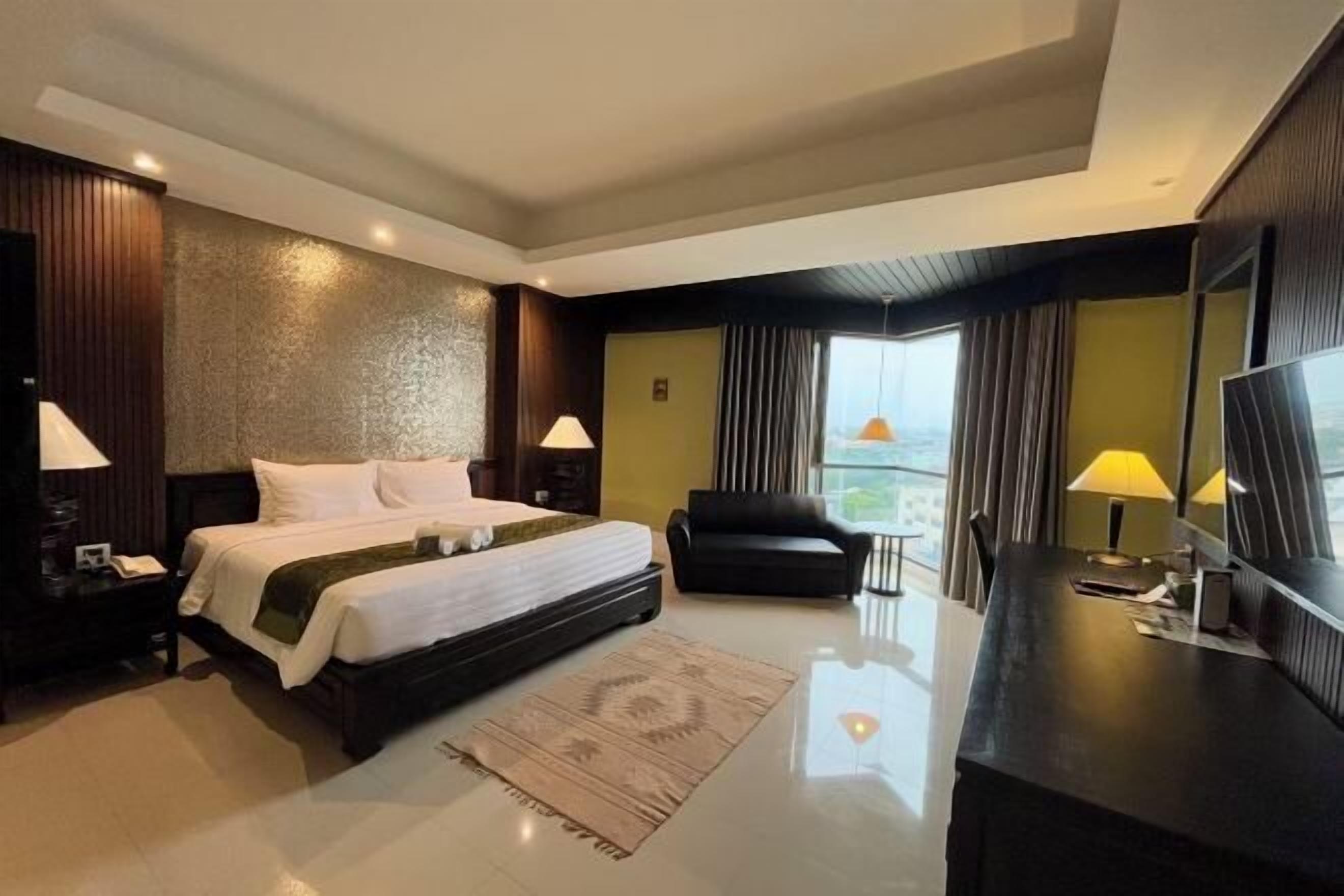 Desk, laptop workspace, blackout curtains, free WiFi