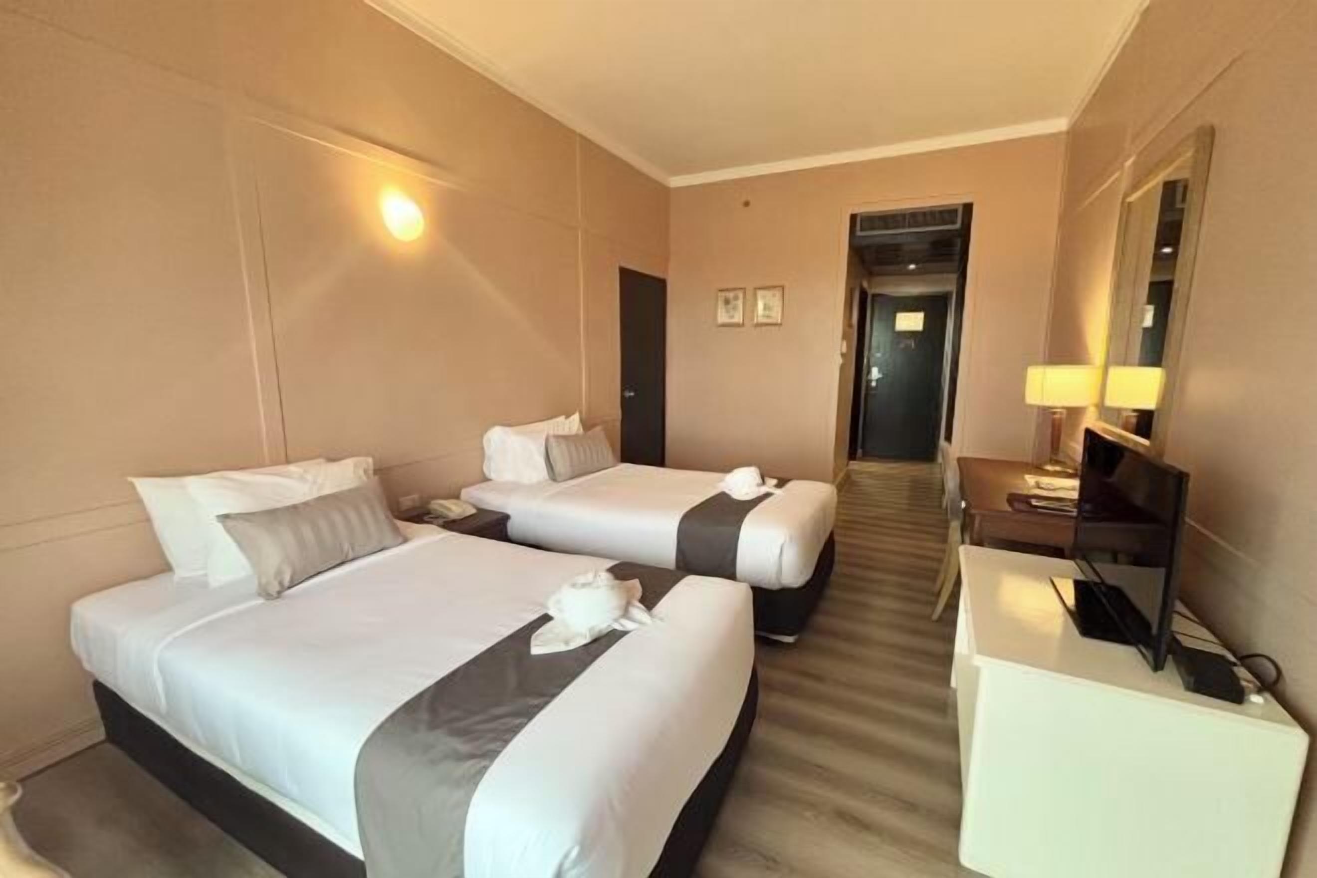 Desk, laptop workspace, blackout curtains, free WiFi