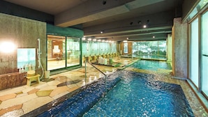 Una piscina interior con varias pistas de natación, una zona de estar y una pared de vidrio que ofrece vistas al exterior.