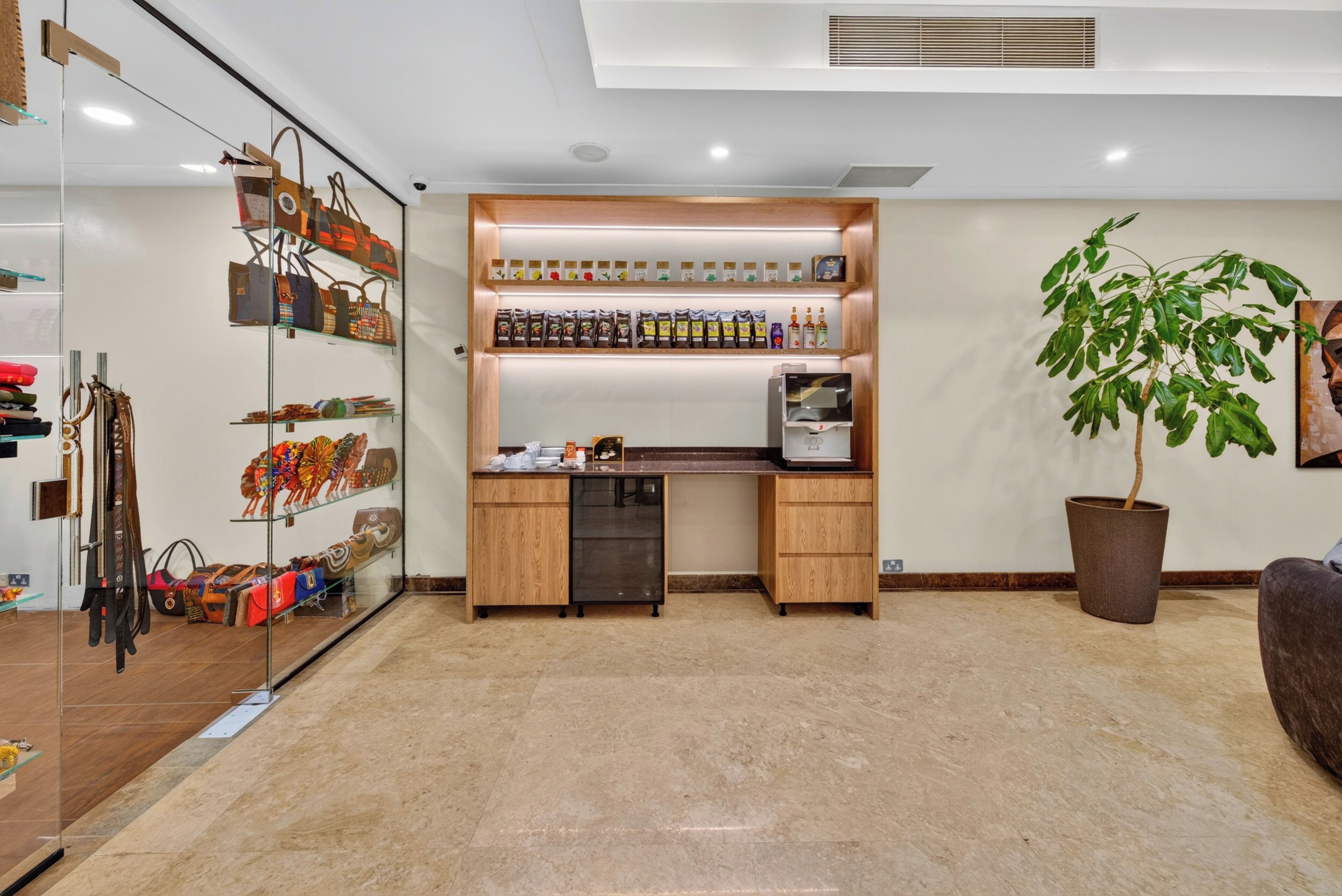 A modern kitchen with a built-in coffee station, a glass display case with bags, and a potted plant.