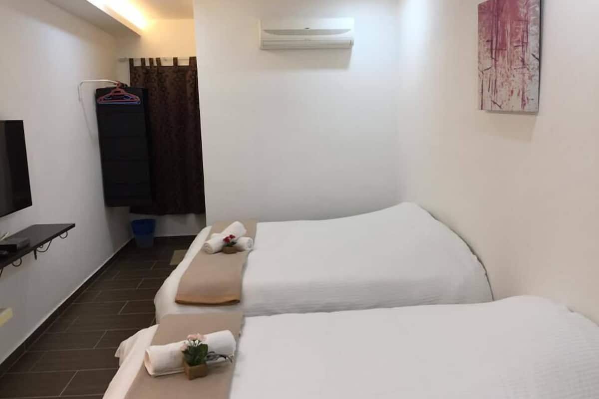 A hotel room with two beds, a flat-screen TV, an air conditioner, and a painting on the wall.