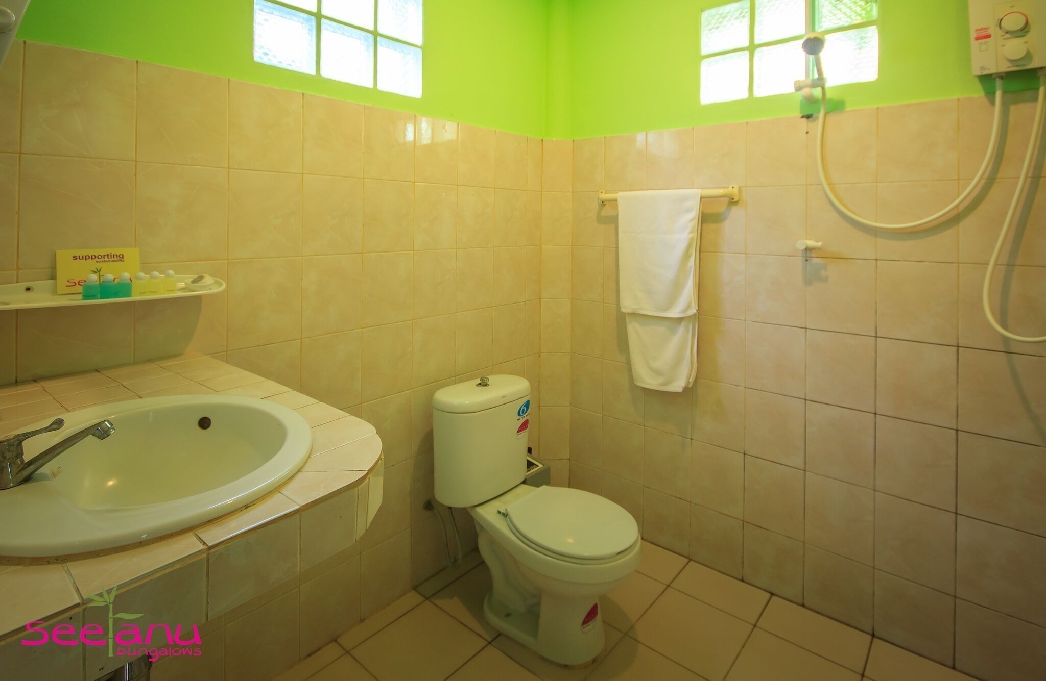 Un baño con lavabo, inodoro y ducha.