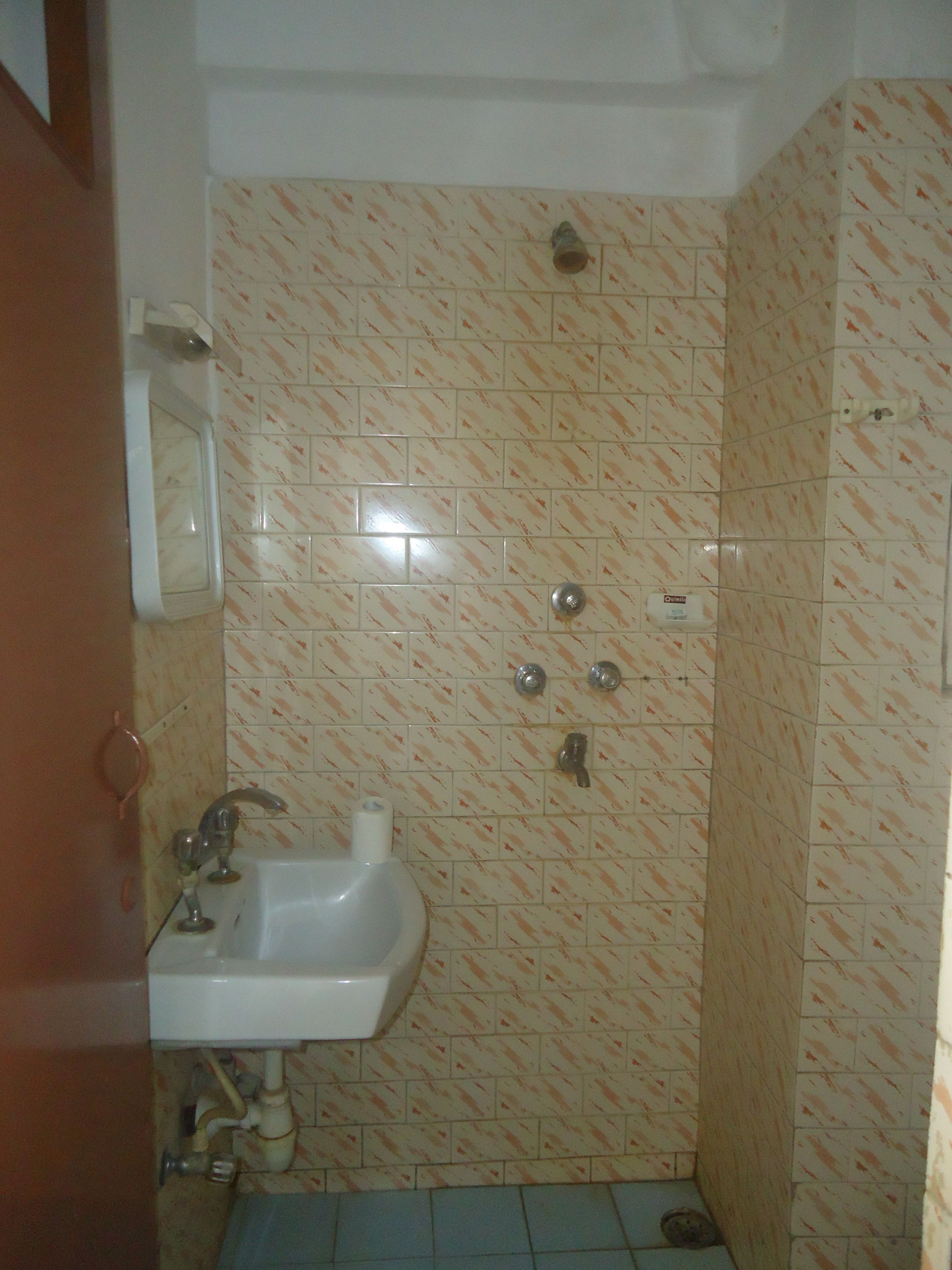 A bathroom with a sink, a mirror, and a shower.