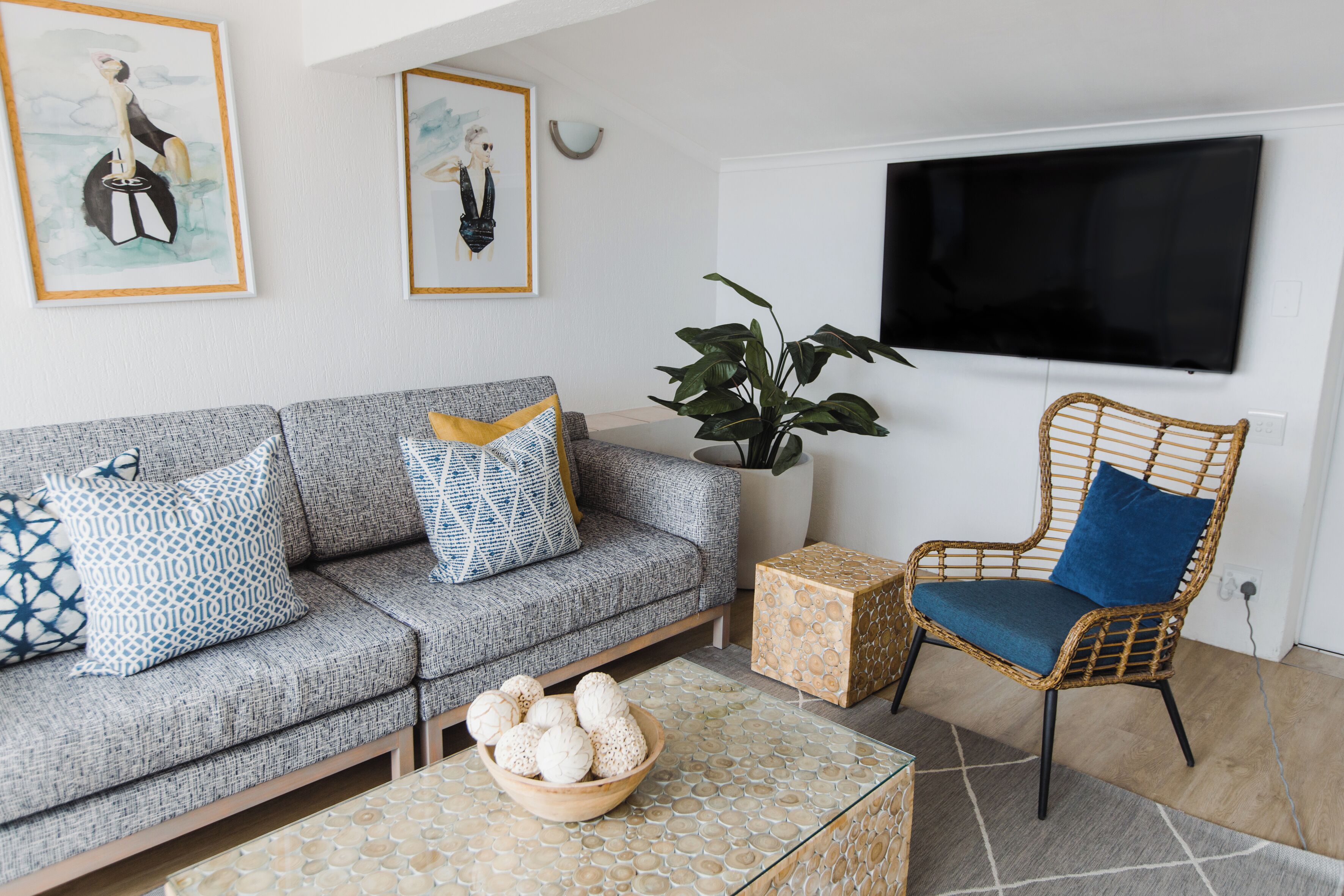 A living room with a grey sofa, a wicker chair, a TV, and a plant.