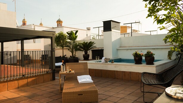 A rooftop terrace with a pool, lounge chairs, and potted plants. - Aguilas5 SevillaSuites (Seville)