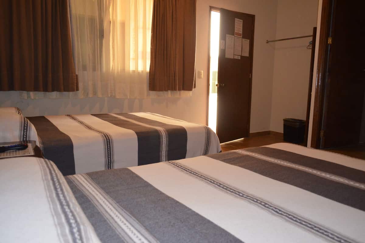 Habitación de hotel con dos camas, una ventana con cortinas, una puerta y un cesto de basura pequeño.