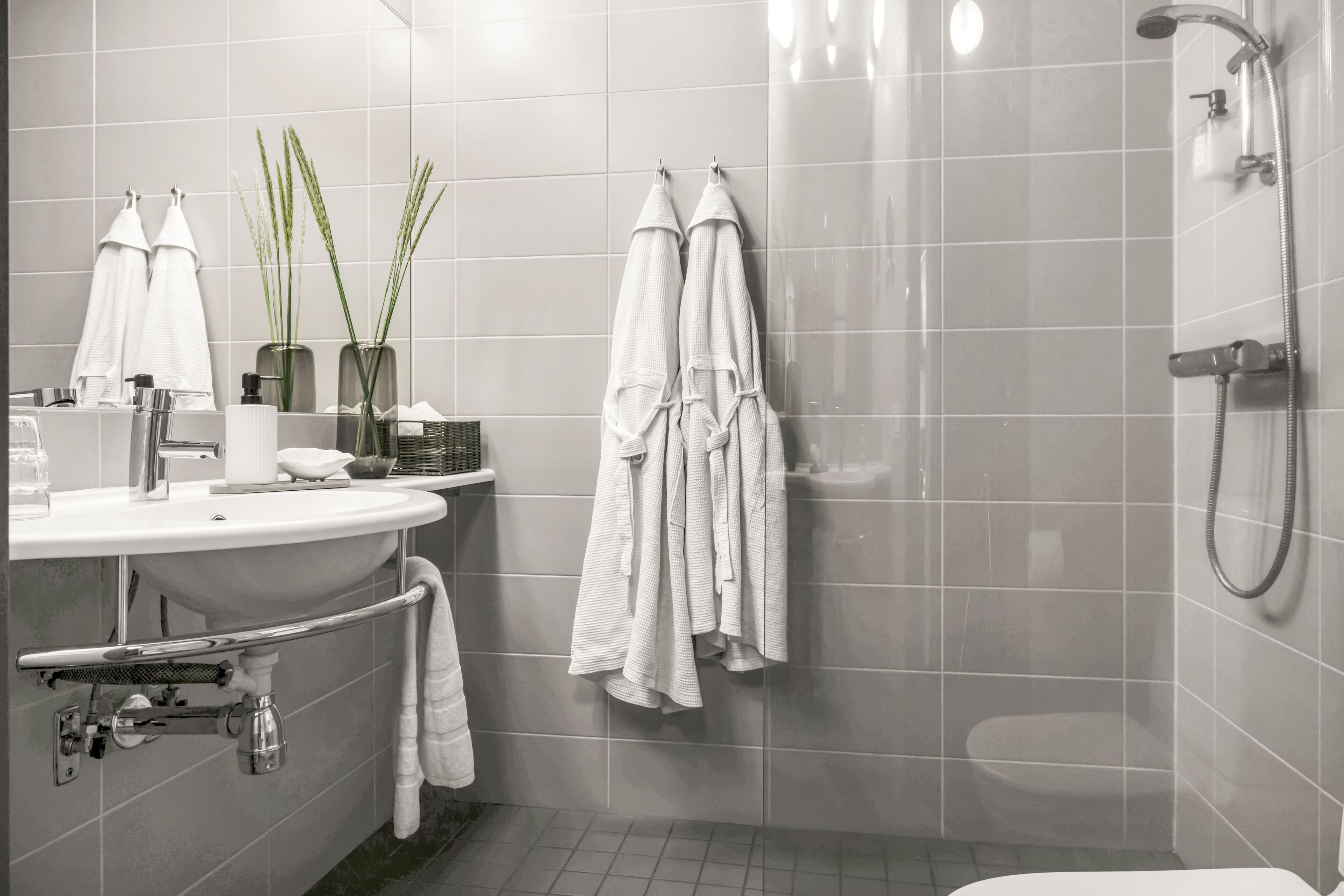 shower, free toiletries, hair dryer, towels