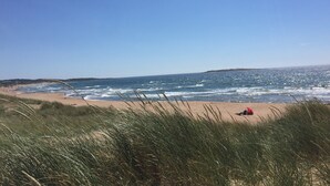 Una playa con olas, cielo despejado y una persona vestida de rojo.