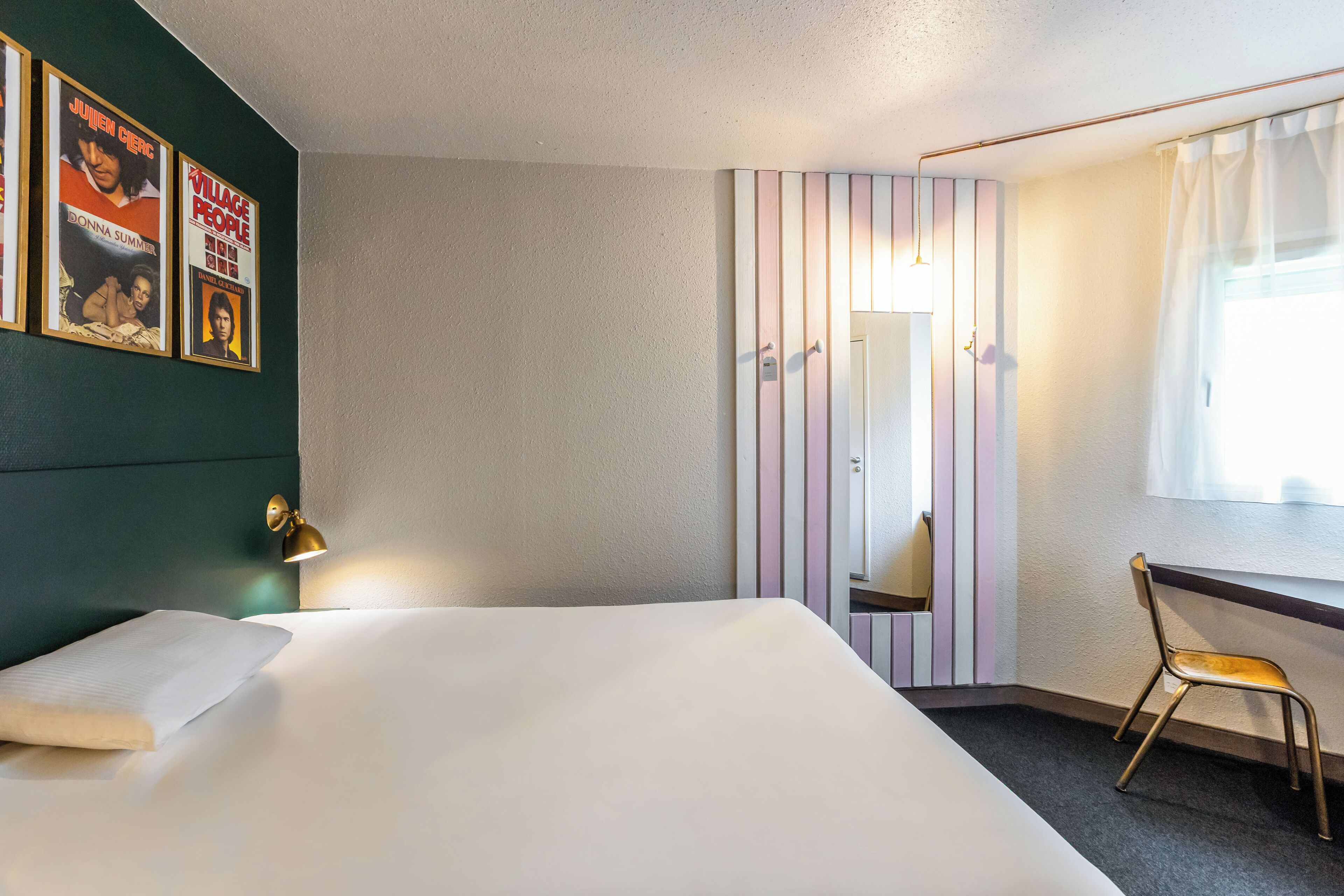 premium bedding, desk, laptop workspace, blackout curtains