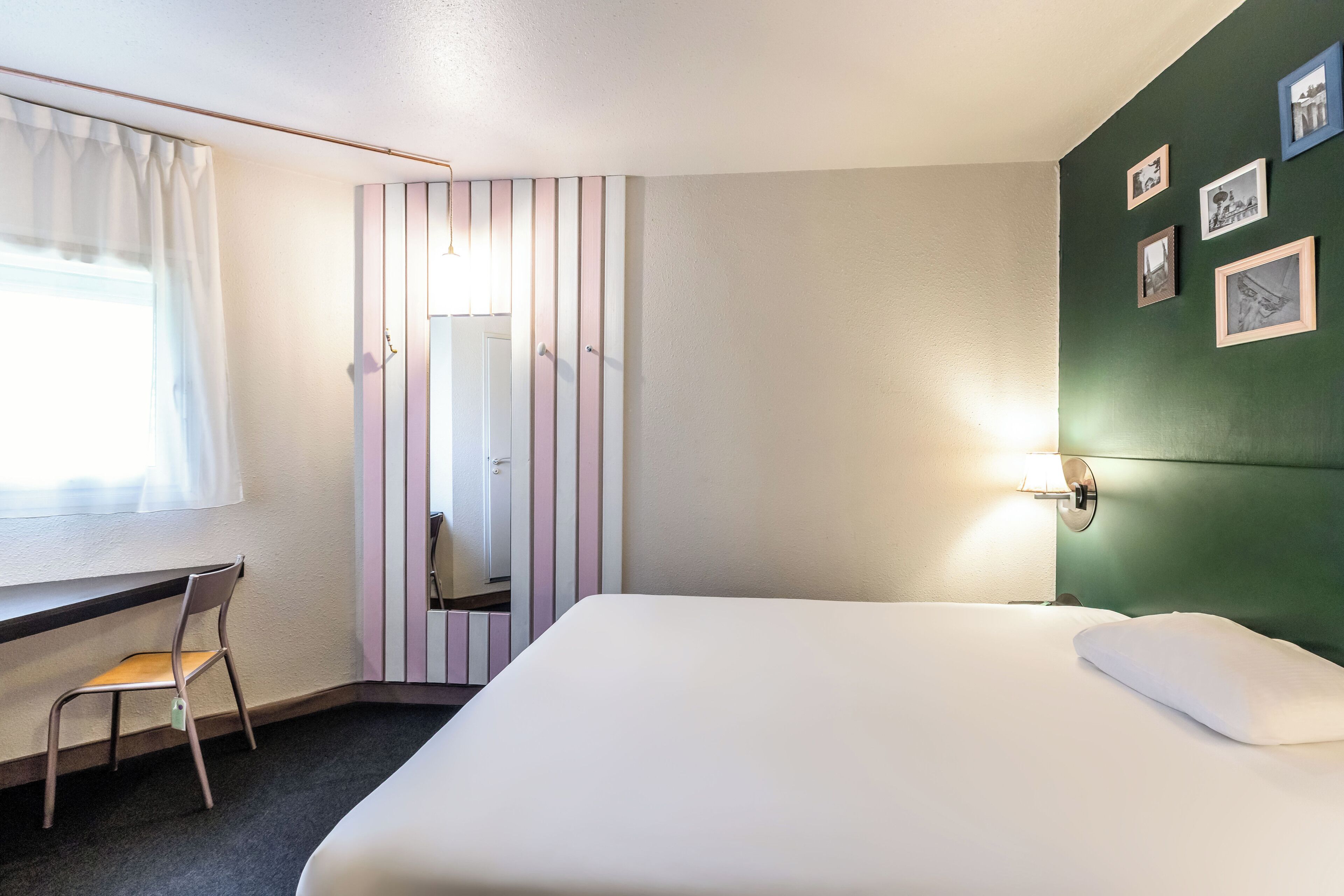 premium bedding, desk, laptop workspace, blackout curtains