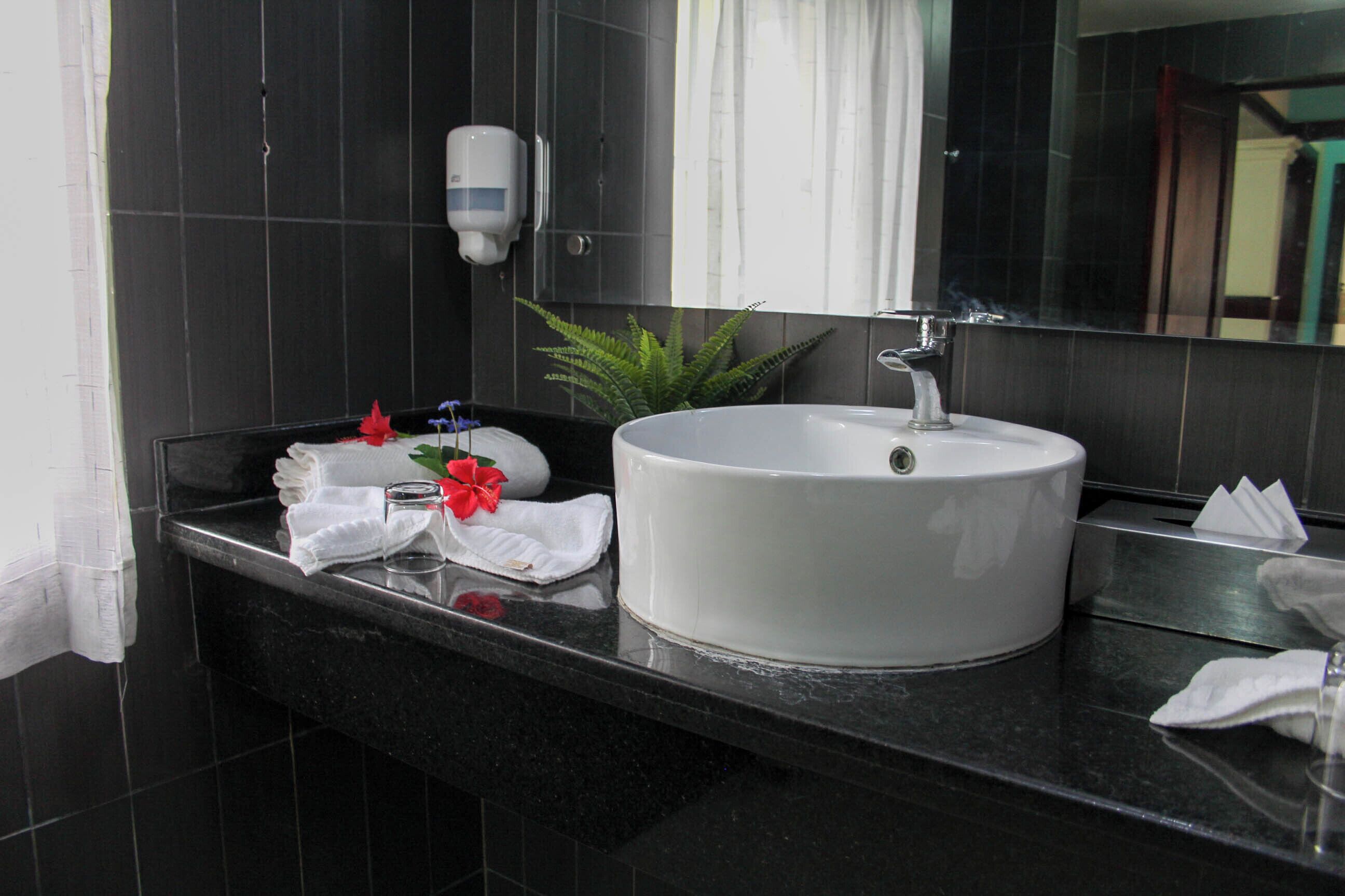 A bathroom with a white sink, dark tiles, a mirror, and a plant on the counter.