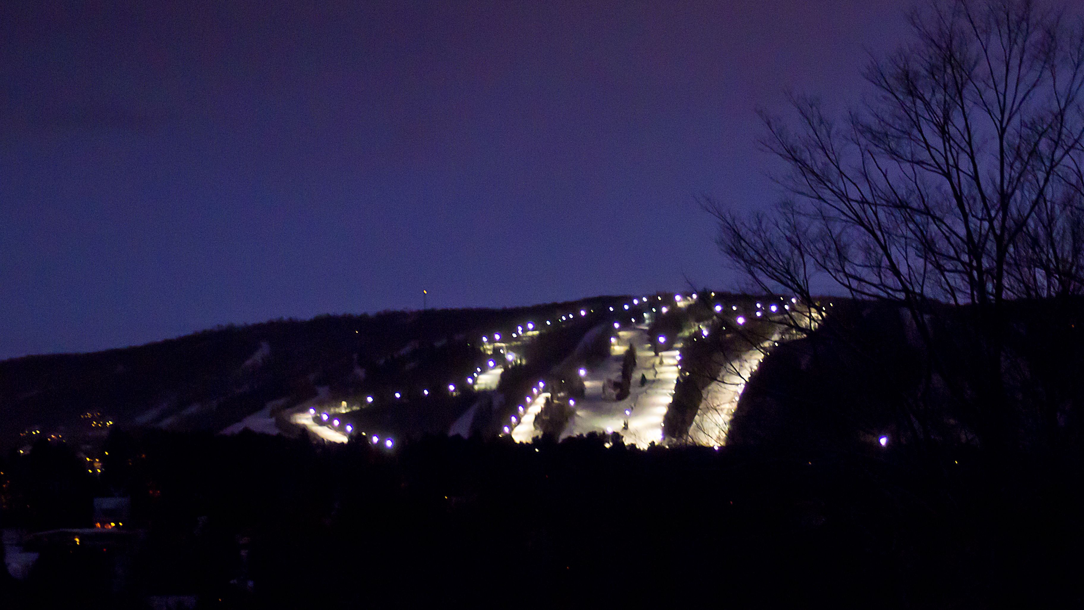A nighttime view of a mountain with illuminated structures, possibly a resort or hotel, and a barren tree in the foreground.