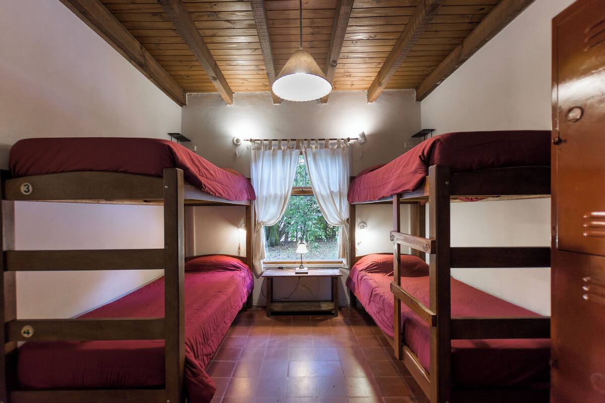A dormitory room with bunk beds, a window with curtains, and a ceiling light.