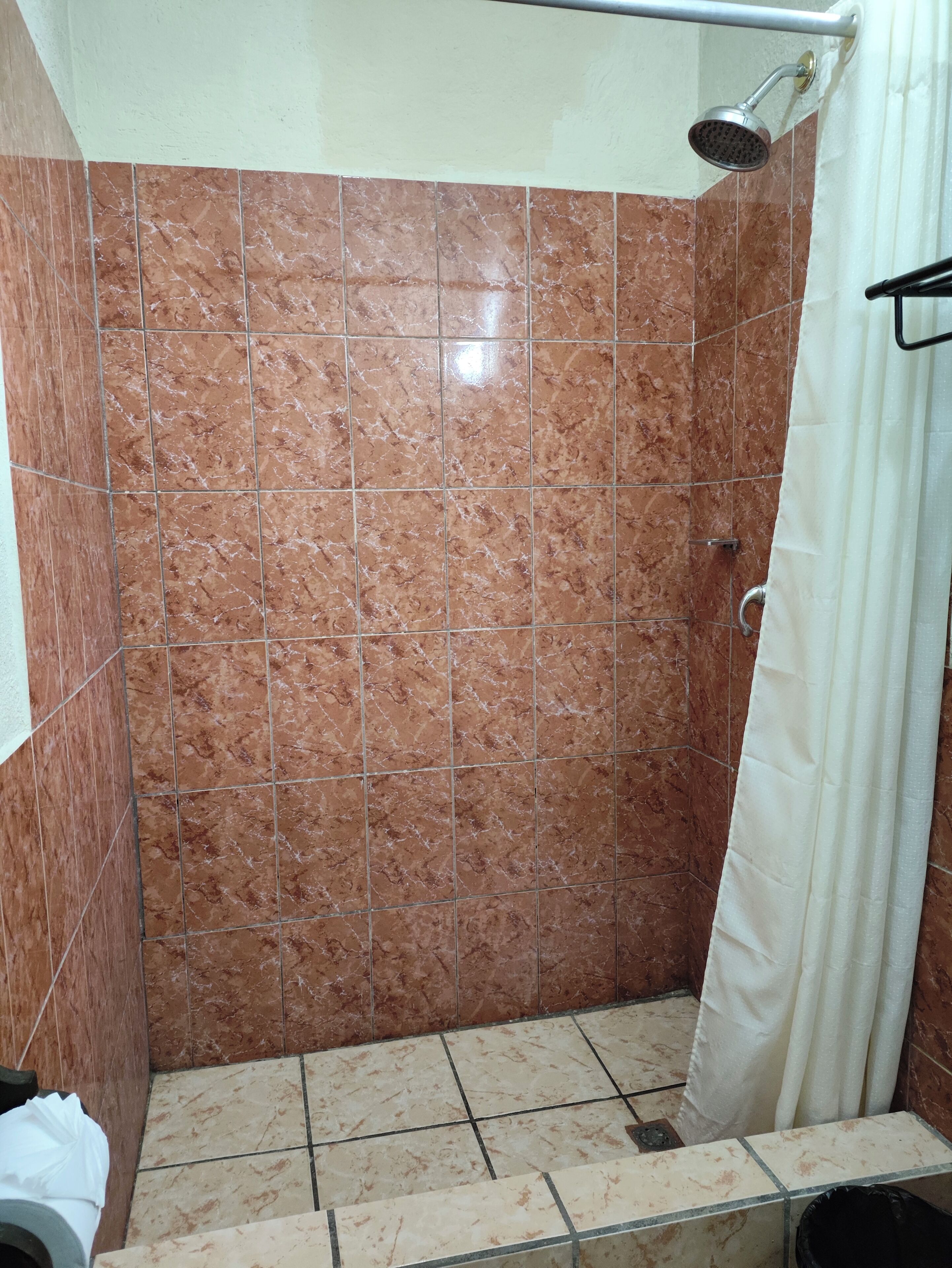 A shower area with brown marble tiles, a showerhead, and a curtain.