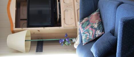 A room with a wooden cabinet containing a flat-screen TV, a blue sofa with patterned cushions, and a small plant.