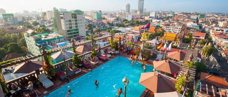 Outdoor pool, pool umbrellas, pool loungers