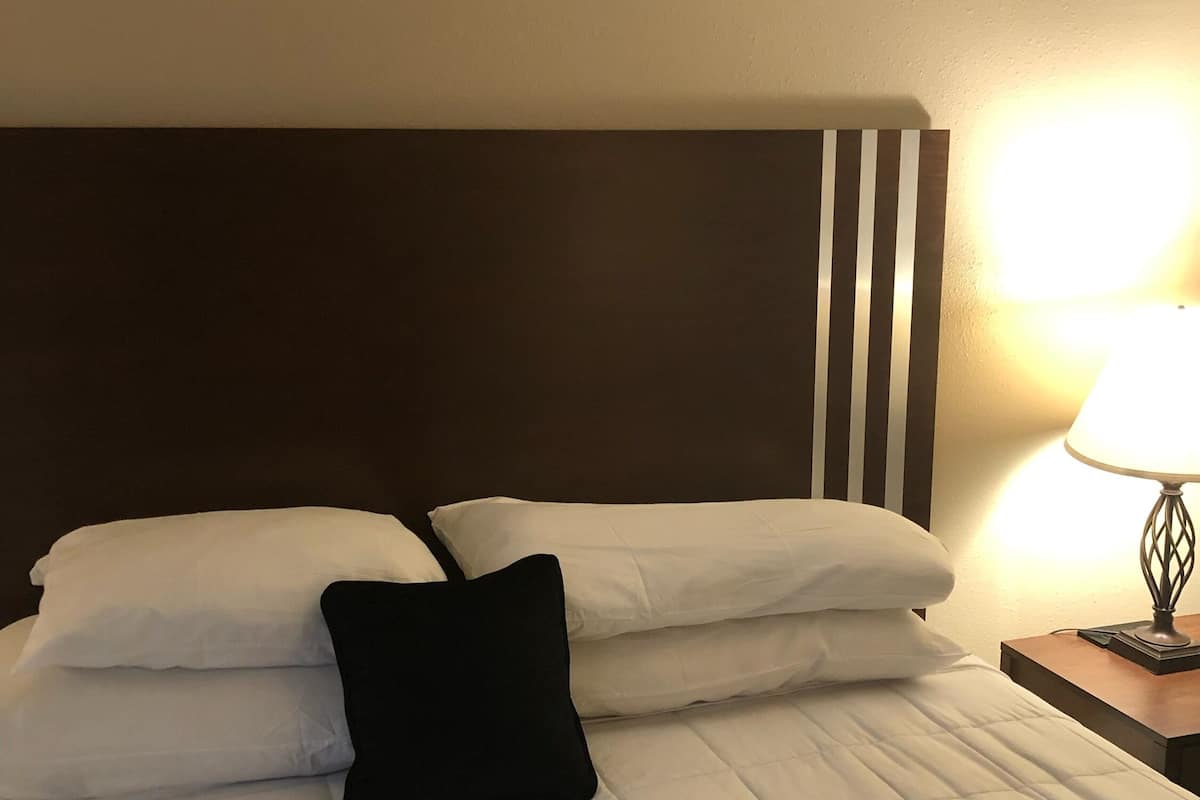 A neatly made bed with white and black pillows, a dark headboard, and a bedside lamp.
