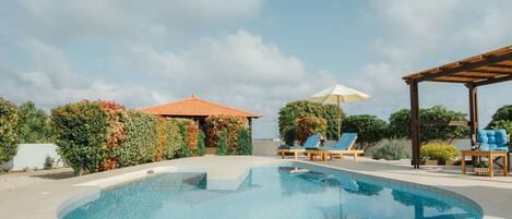 Seasonal outdoor pool, pool loungers