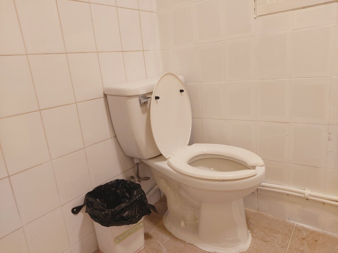 A bathroom with a toilet, a trash bin, and tiled walls.