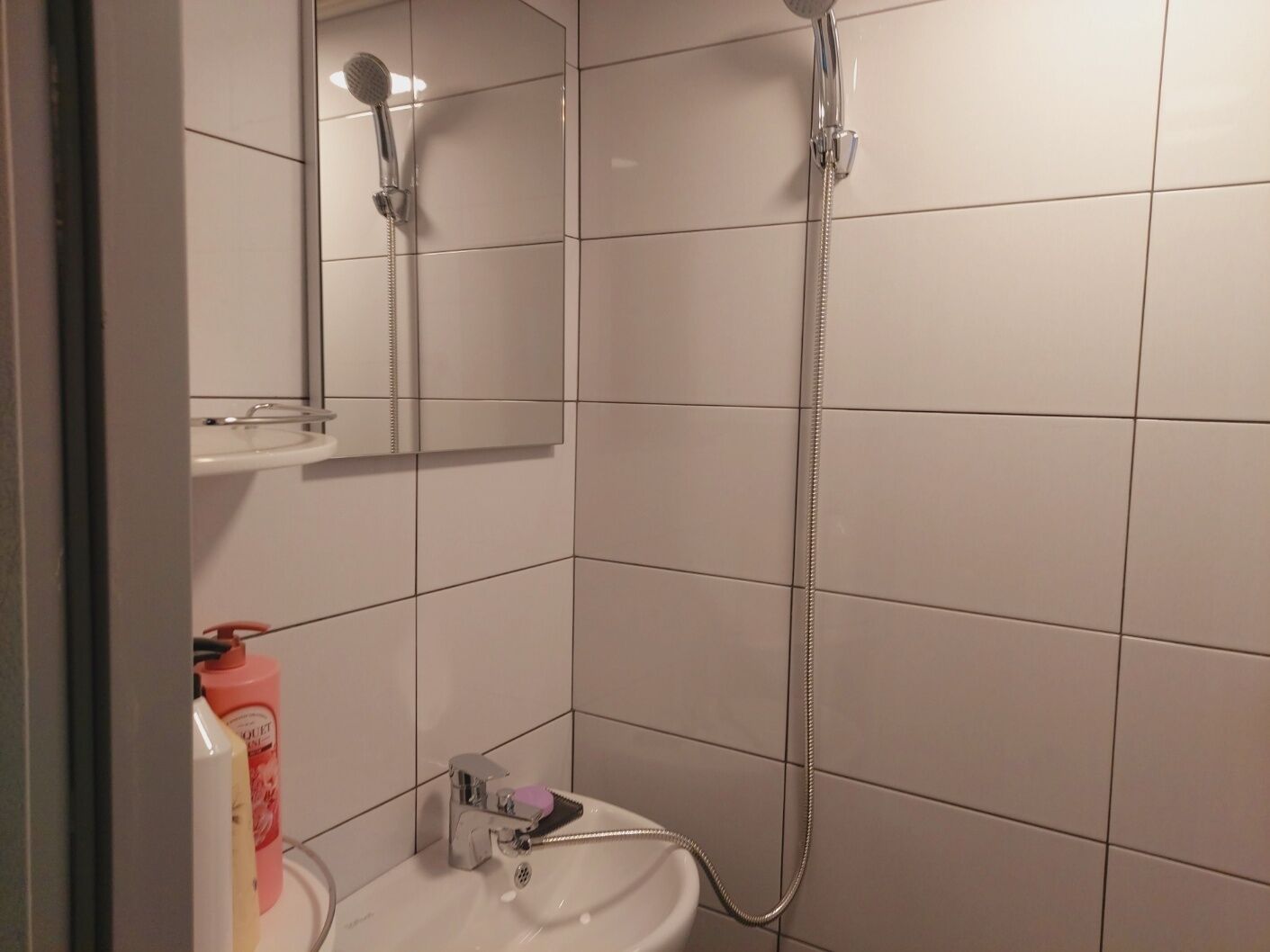 A bathroom with a shower, a sink, and a mirror.