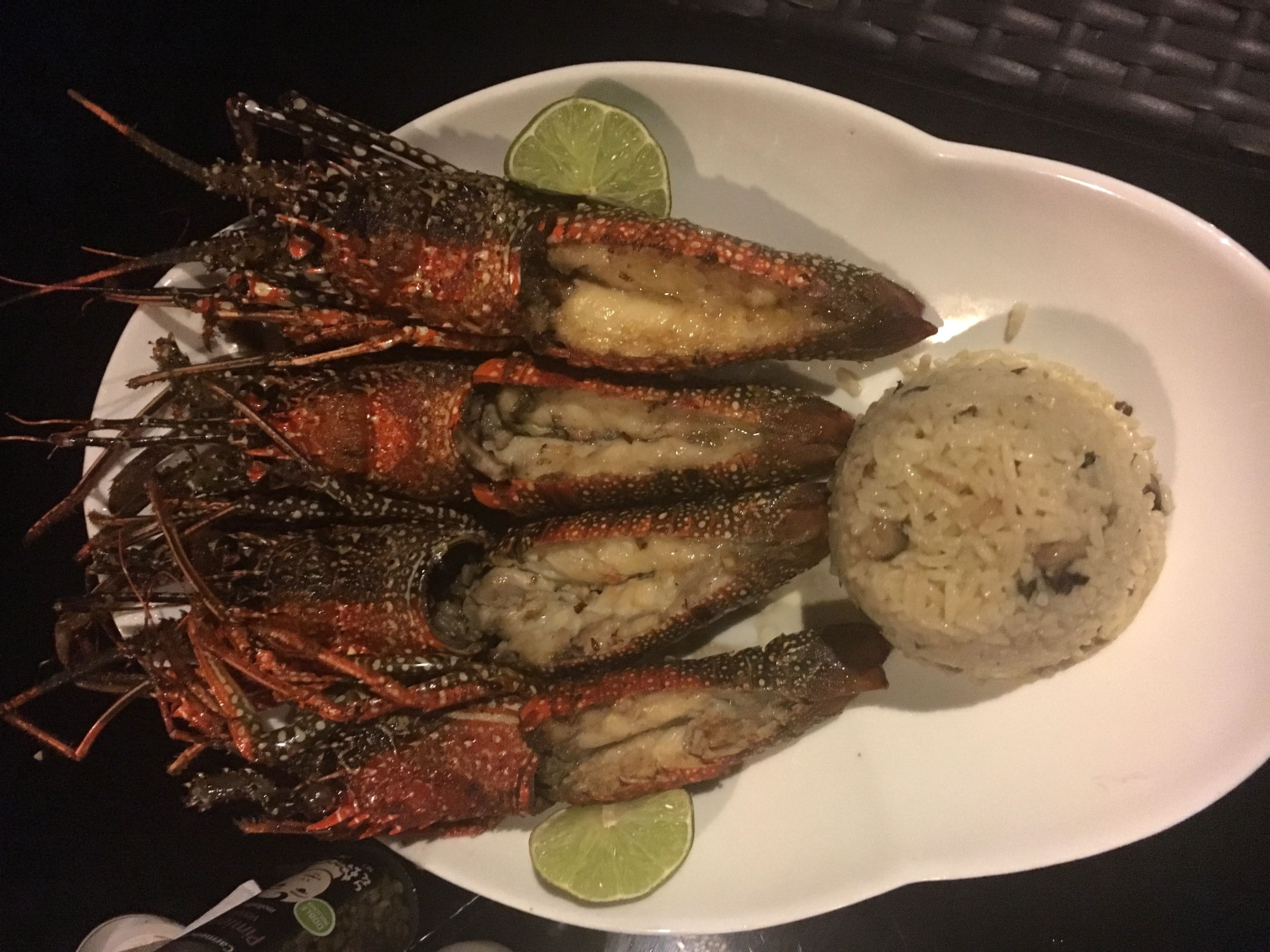 A plate with cooked lobsters and rice.
