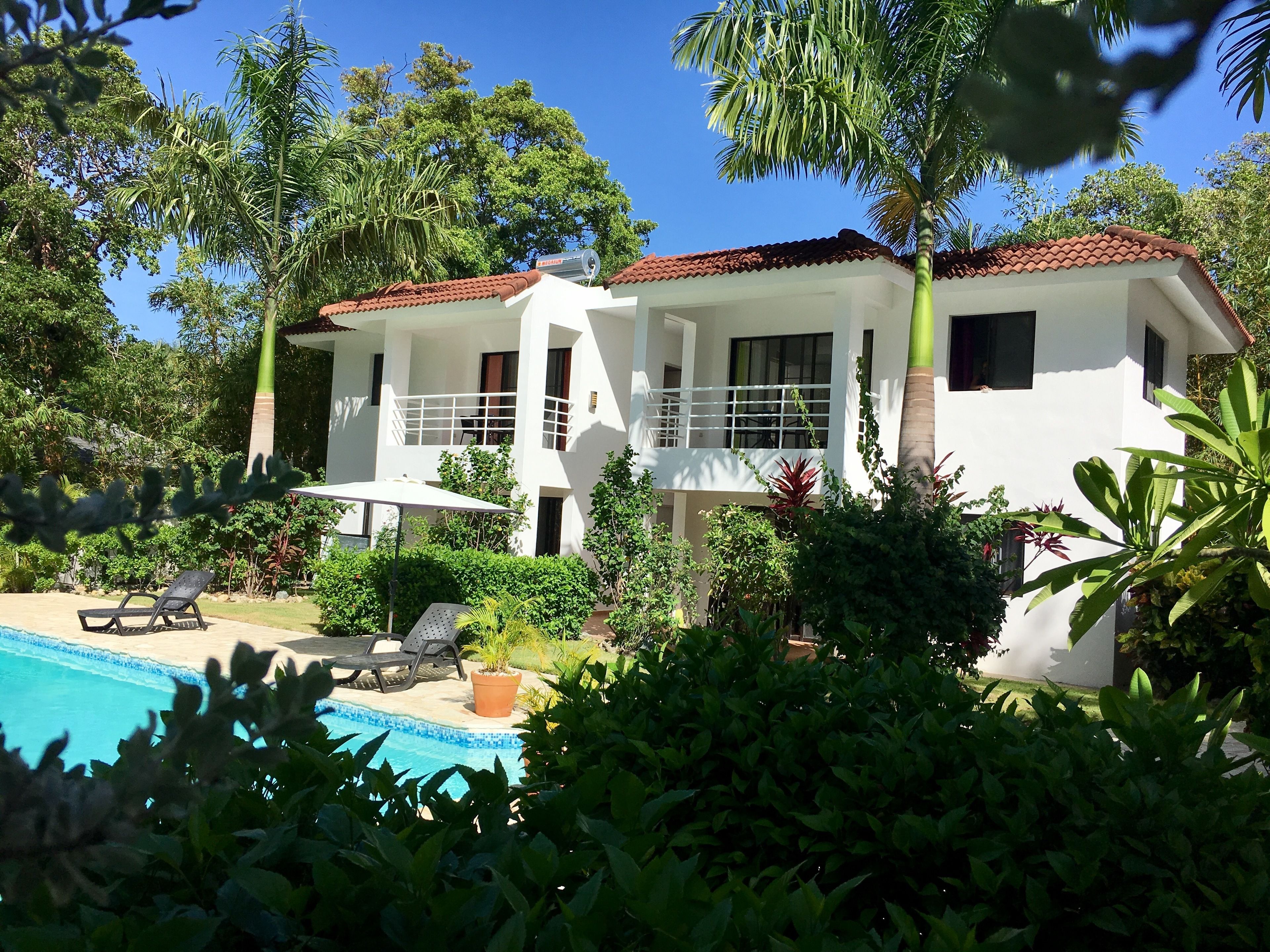 Kolam renang outdoor, dengan payung kolam renang dan kursi berjemur