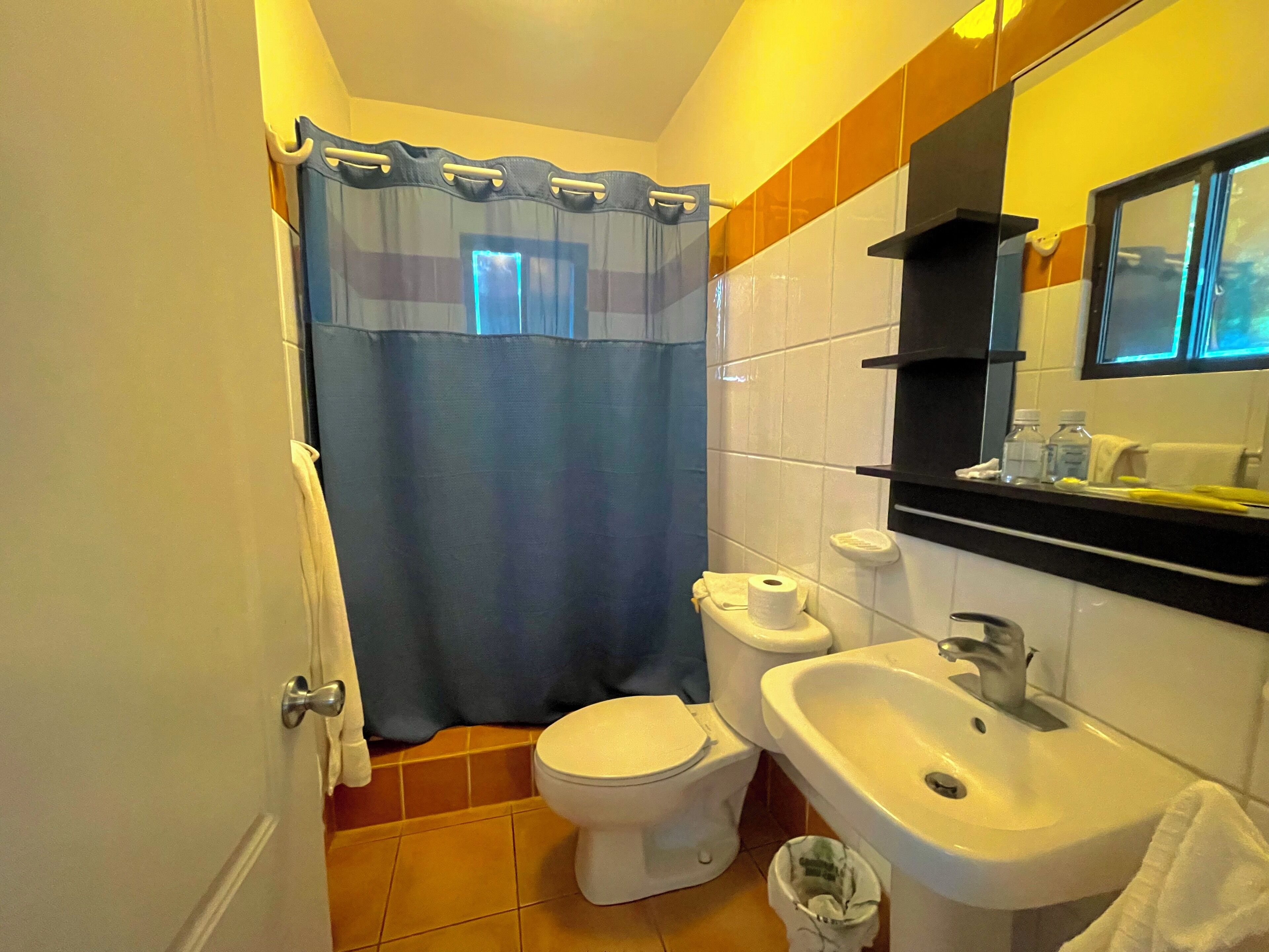 comfort suite, 1 bedroom, balcony, pool view | bathroom | shower, towels, shampoo