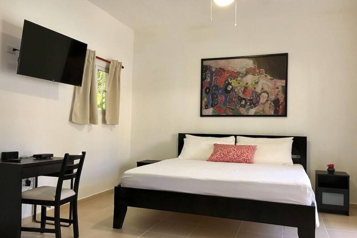 Un dormitorio con una cama, un escritorio, una silla, un televisor montado en la pared y un cuadro sobre la cama.
