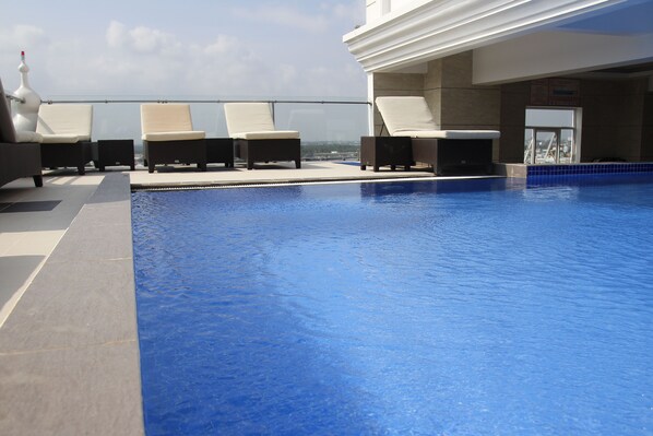 Indoor pool, outdoor pool, pool loungers