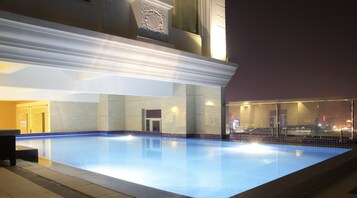 Indoor pool, outdoor pool, pool loungers