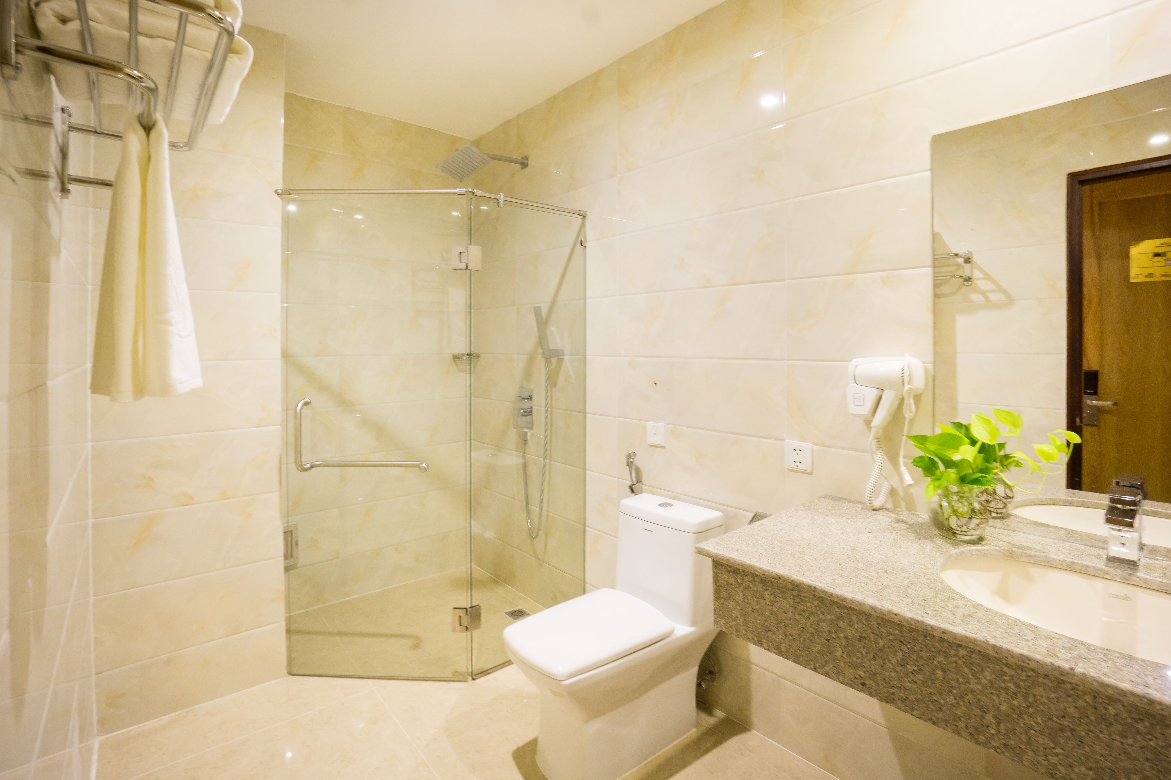 free toiletries, hair dryer, bathrobes, slippers