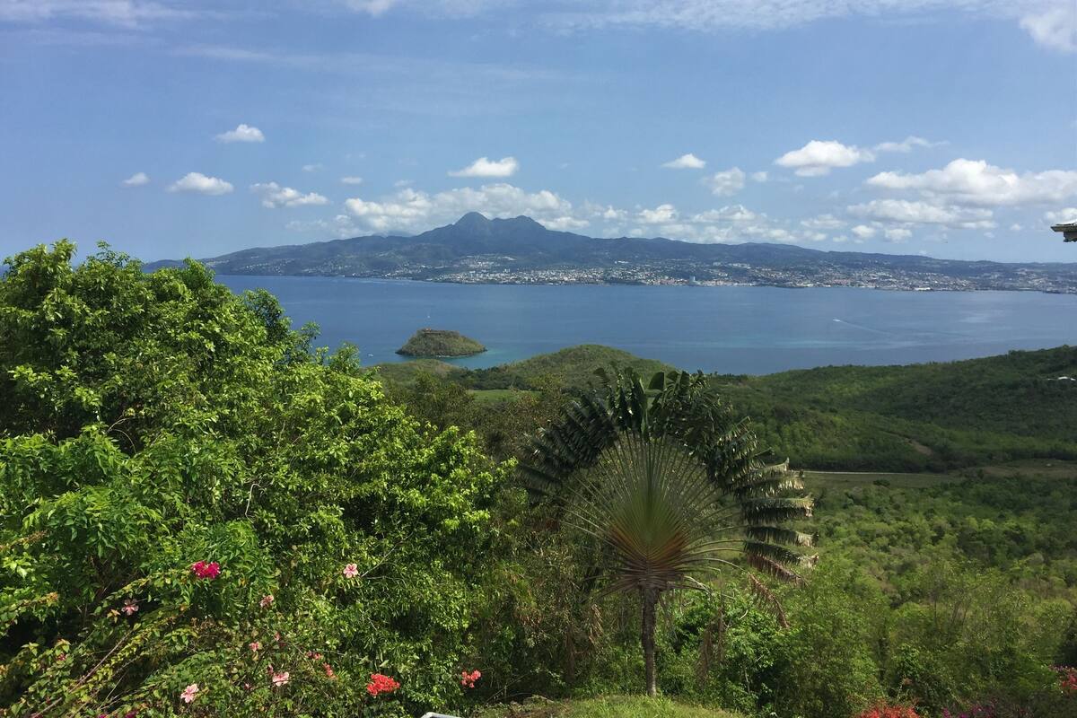 A coastal landscape with a mountain in the background, lush greenery, and a clear sky.