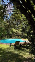 Una piscina rodeada de césped y árboles, con sillas de descanso y un sendero pavimentado.