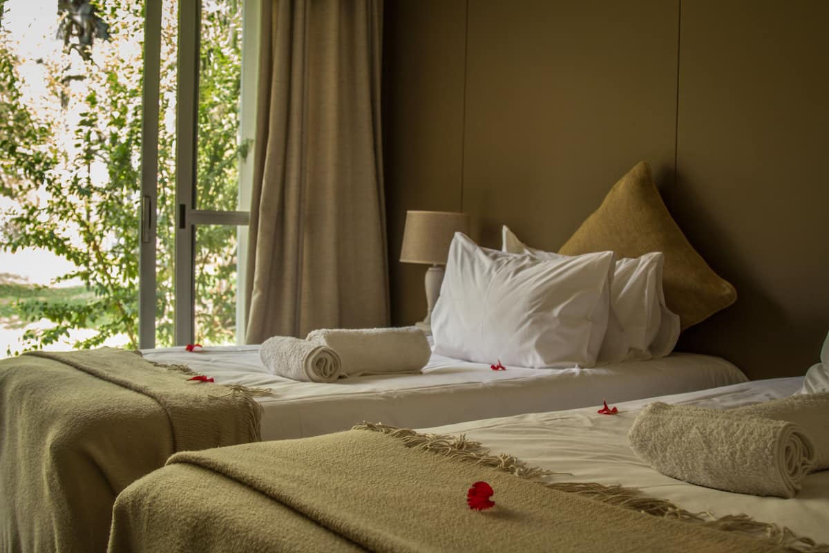 A hotel room with two beds, beige bedding, a lamp, and a view of greenery outside.
