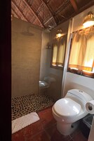 A bathroom with a shower, toilet, and a mirror.