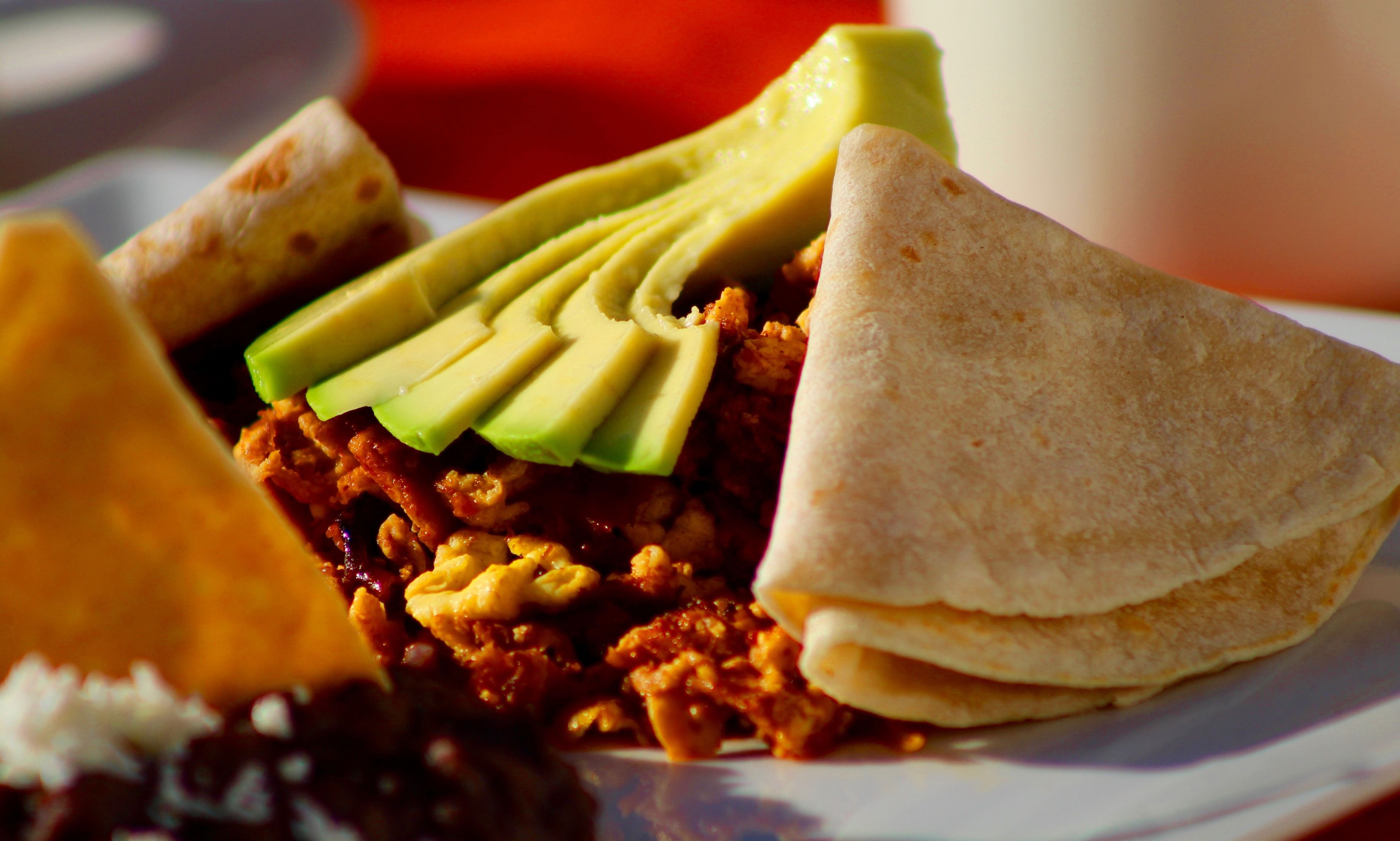 Een bord met een gerecht bestaande uit vlees, avocado plakjes en tortilla's.