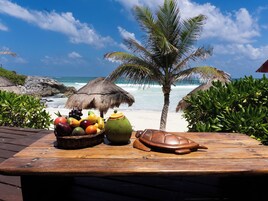 Une table en bois surmontée d’un panier de fruits, d’une noix de coco et d’une carapace de tortue, le tout situé sur une plage avec un palmier et une vue sur l’océan.