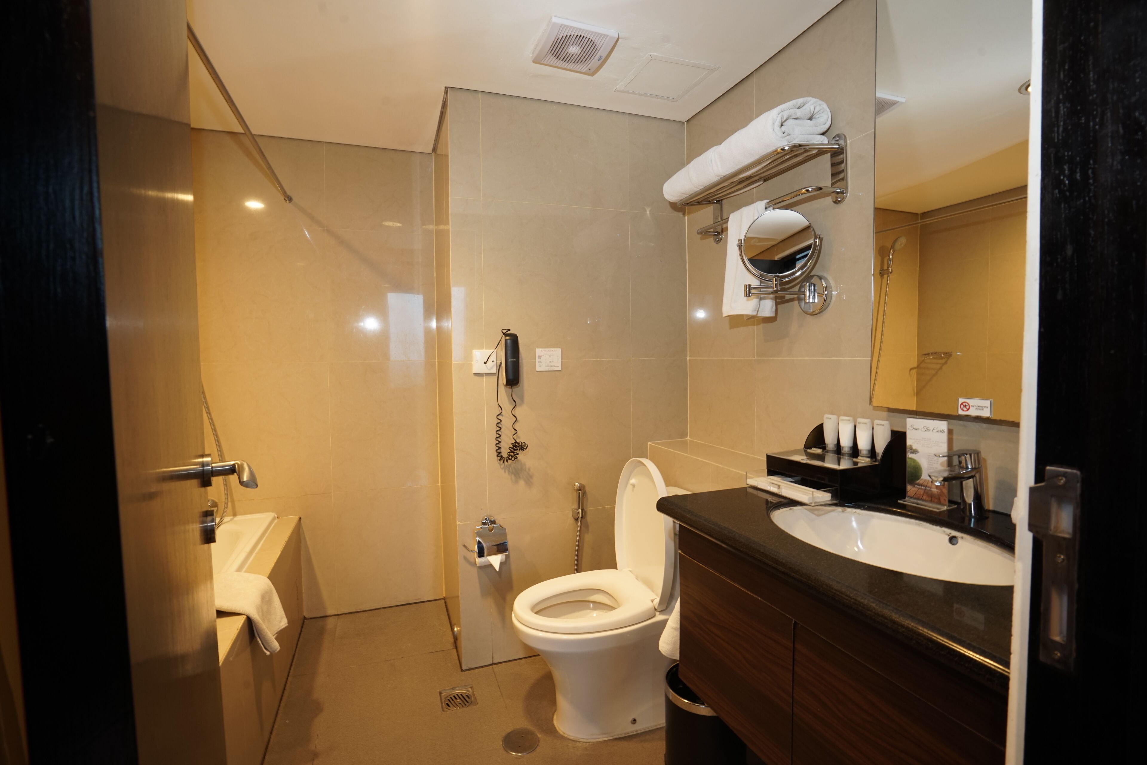 shower, free toiletries, hair dryer, slippers