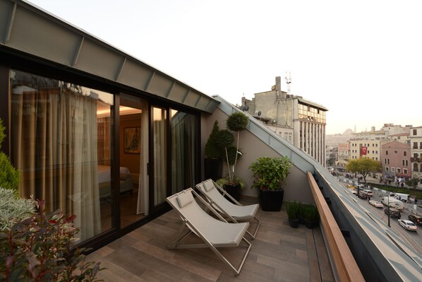 A rooftop terrace with two lounge chairs, potted plants, and a view of the cityscape.