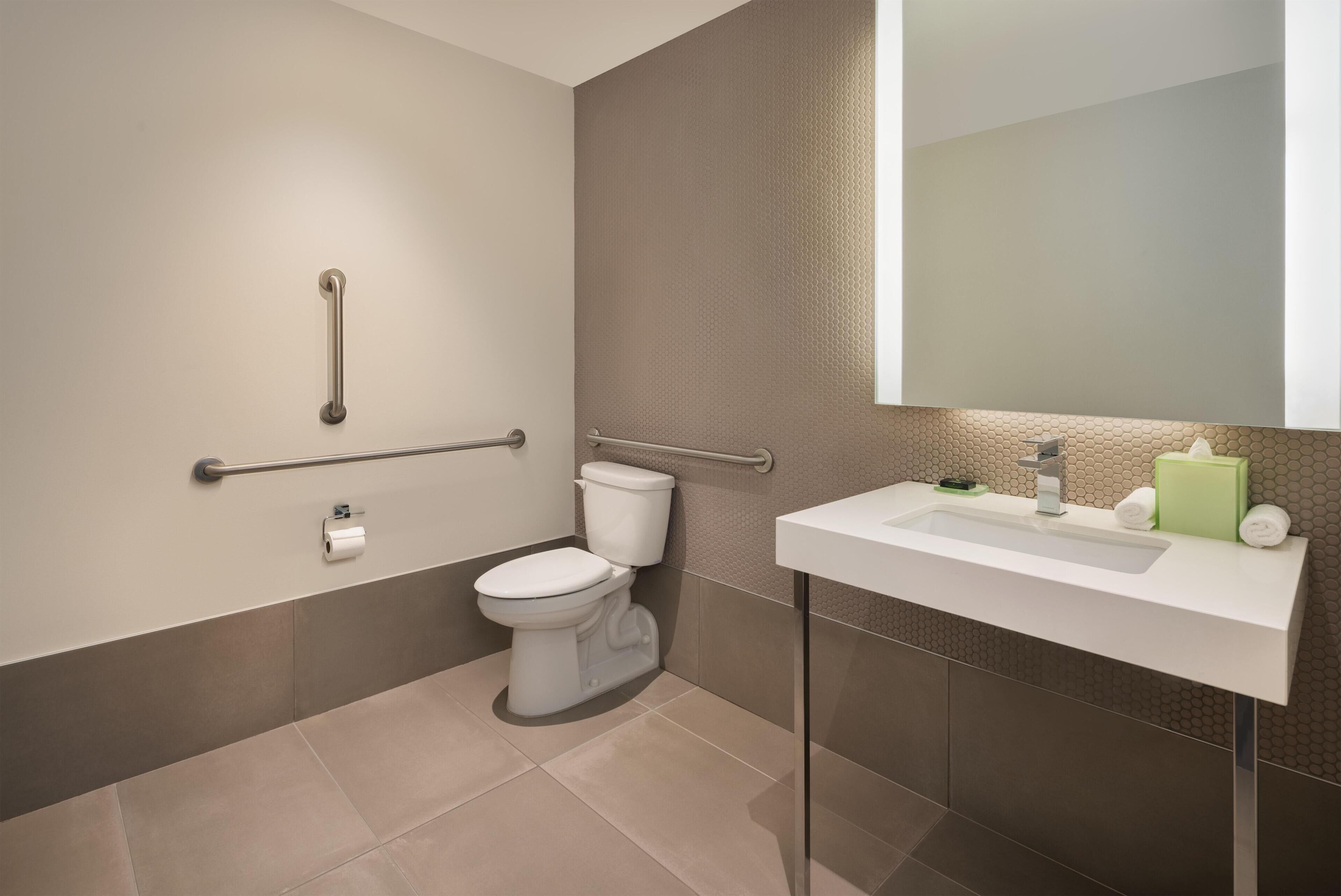 A modern bathroom with a toilet, grab bars, a sink, and a mirror.