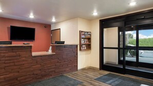 Een receptiegedeelte met een houten receptiebalie, een flatscreen televisie, een boekenkast en een groot raam met uitzicht op het landschap.