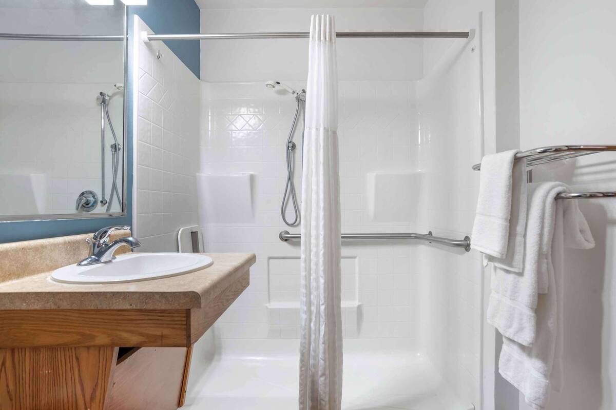 combined shower/bathtub, hair dryer, soap, shampoo