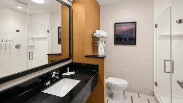 A modern bathroom with a black sink, white toilet, and a glass shower enclosure.