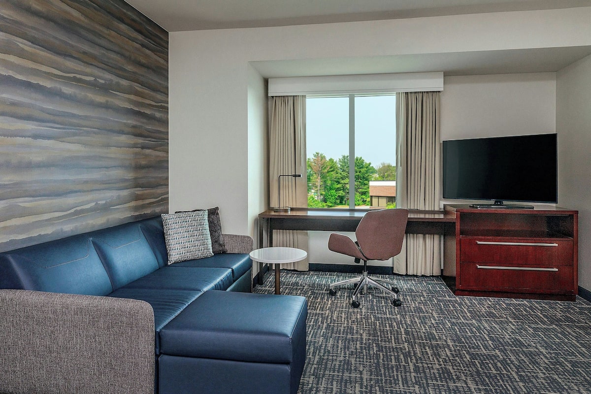 A hotel room with a blue sofa, a small round table, a desk with a chair, a TV, and a view of greenery outside.