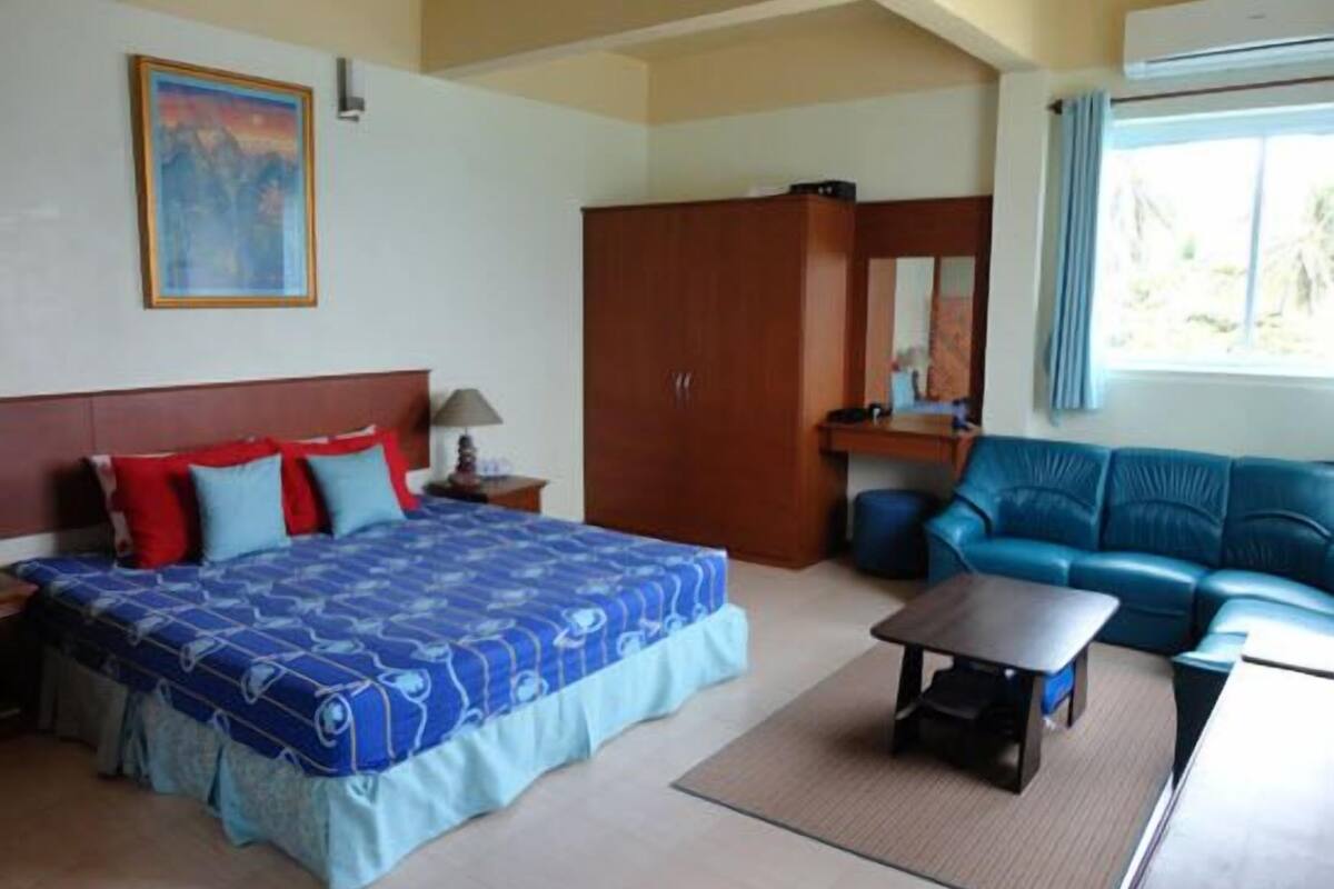 Een hotelkamer met een bed, een bureau, een slaapbank en een kledingkast.