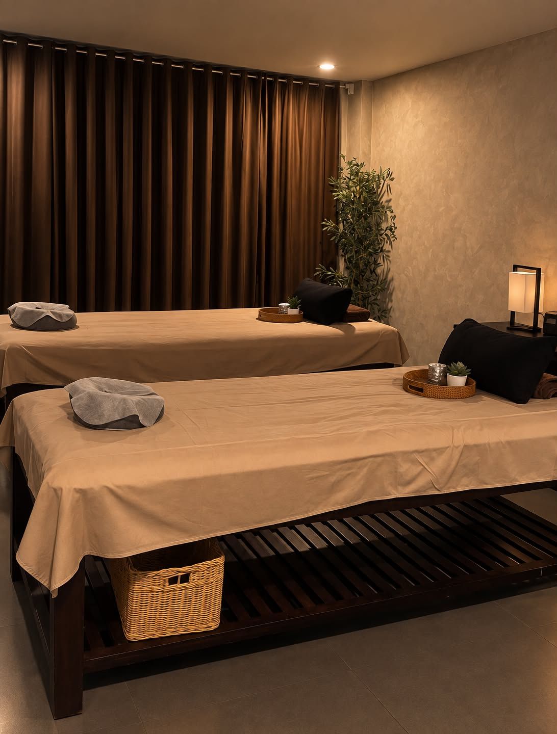 A room with two beds, a plant, a lamp, and a small table with a tray.