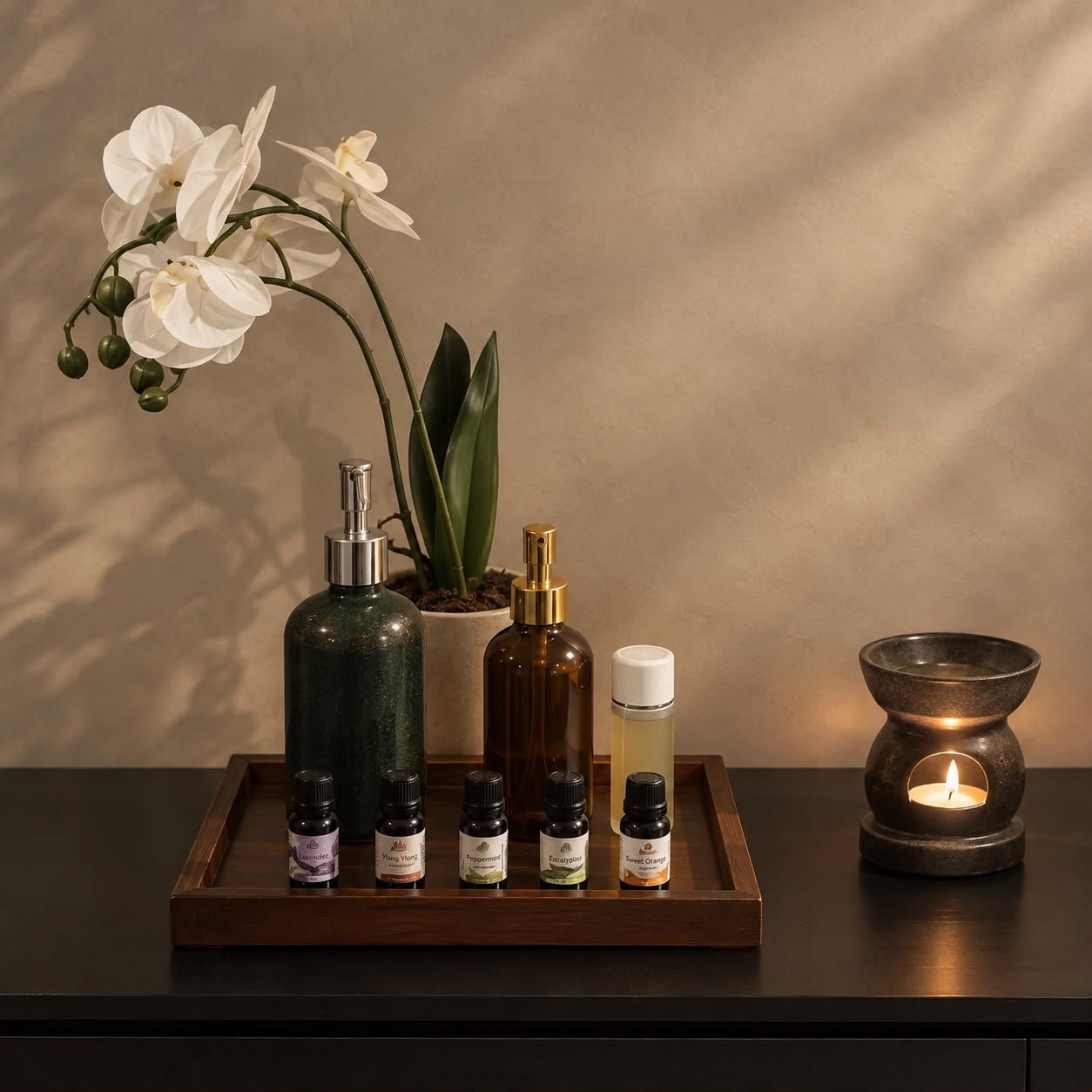 A tray with essential oils, a candle, and a potted plant on a table.