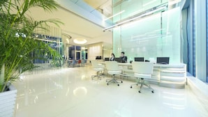 A modern office space with glass partitions, white furniture, and a large potted plant.