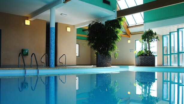 Una piscina interior con agua cristalina, rodeada de paredes con grandes ventanales y plantas en macetas.