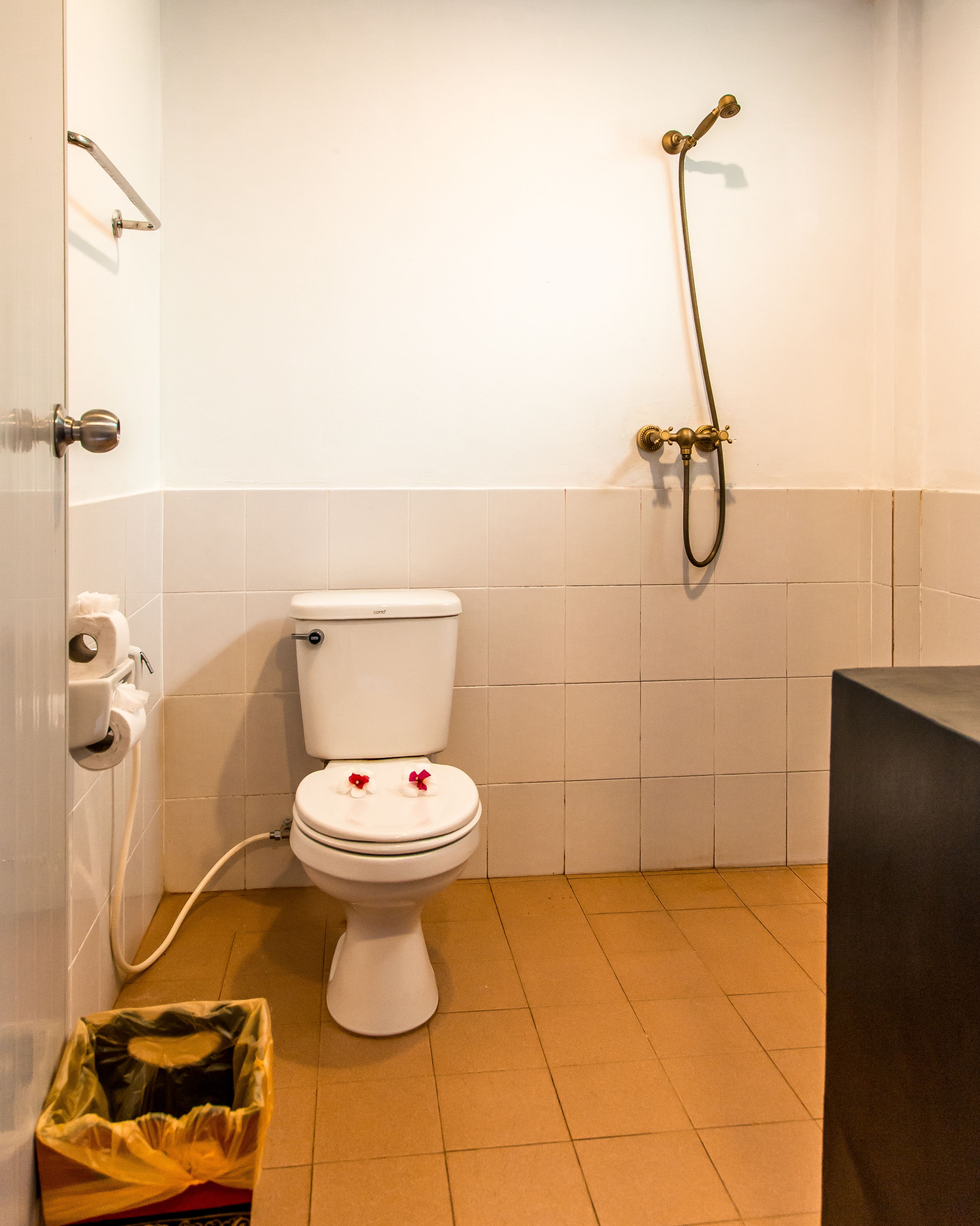 Un baño con inodoro, ducha y cubo de basura.